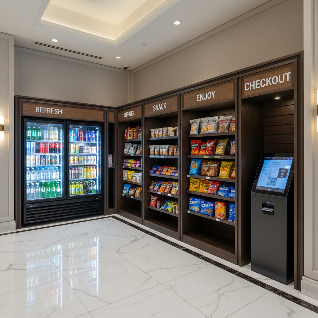 Woman and child using a smart vending machine in a modern office lobby